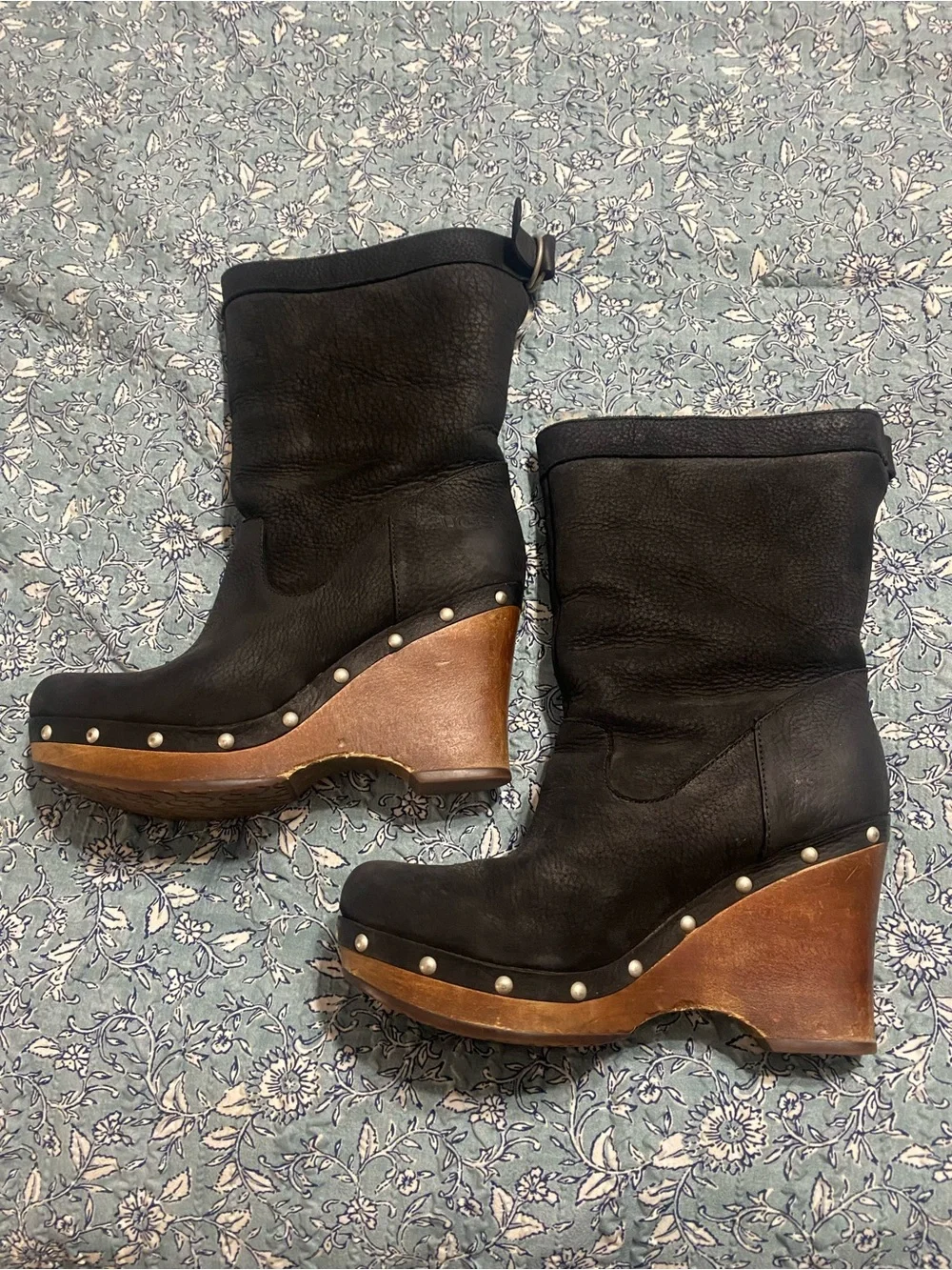 UGG Black Leather Wedge Clogs with Tan Wood Platform and Cream Shearling Cuff